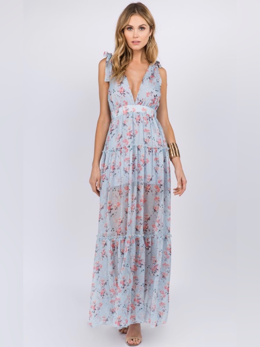 Sleeveless Light Blue Floral Maxi Dress with Tie Shoulders